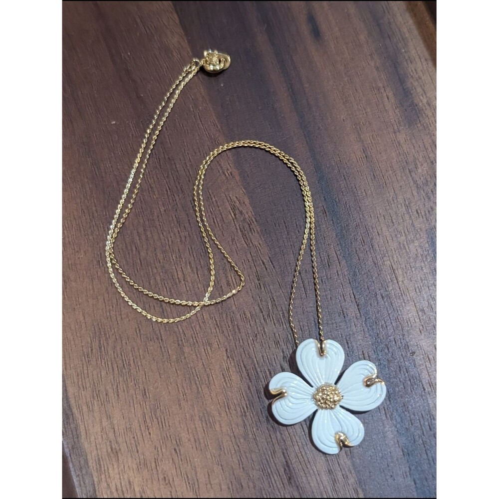 Dogwood Flower Necklace Enamel Pendant on Gold Tone Chain, 16-inch